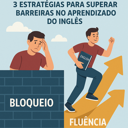alt="Ilustração dividida mostrando o contraste entre o bloqueio no aprendizado de inglês, com uma pessoa frustrada atrás de um muro de tijolos escrito 'BLOQUEIO', e a superação rumo à fluência, com a mesma pessoa caminhando confiante sobre uma seta dourada escrita 'FLUÊNCIA'."